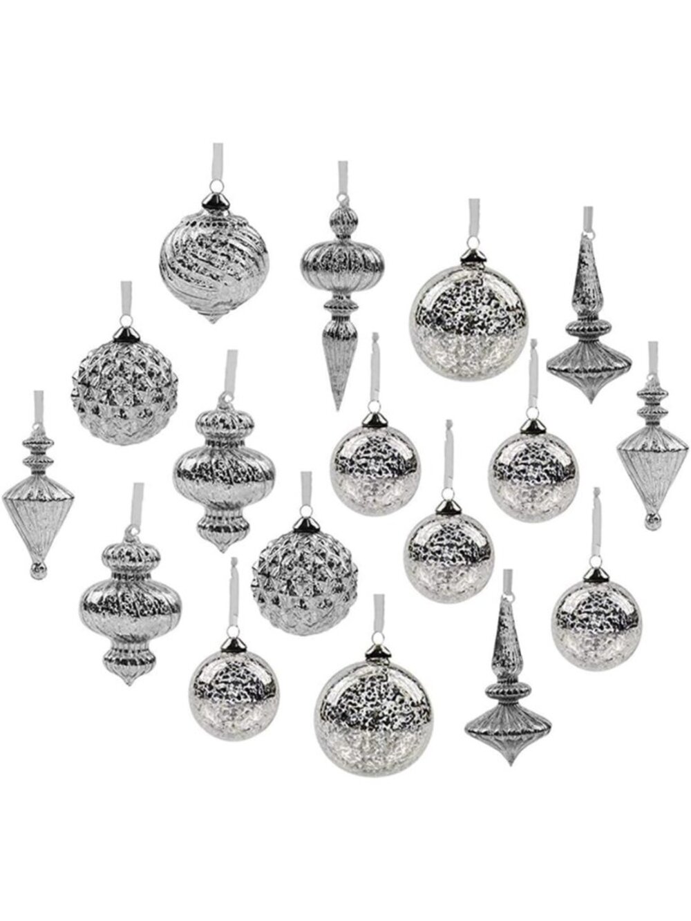 Set of 17 Silver Glass Christmas Ball Ornaments for Holiday Trees & Decor